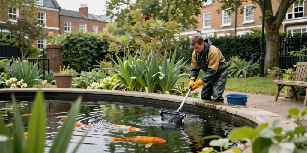 Pond Cleaning London service restoring clarity and health to a koi pond in an urban garden setting