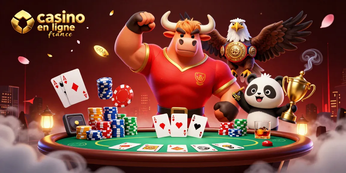 Illustration captivante représentant le casino en ligne France avec un taureau, un aigle et un panda dans un décor vibrant.