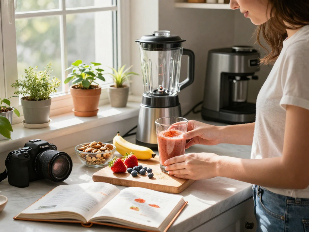 Preparing a smoothie with natural astaxanthin and fresh fruits in a bright kitchen.
