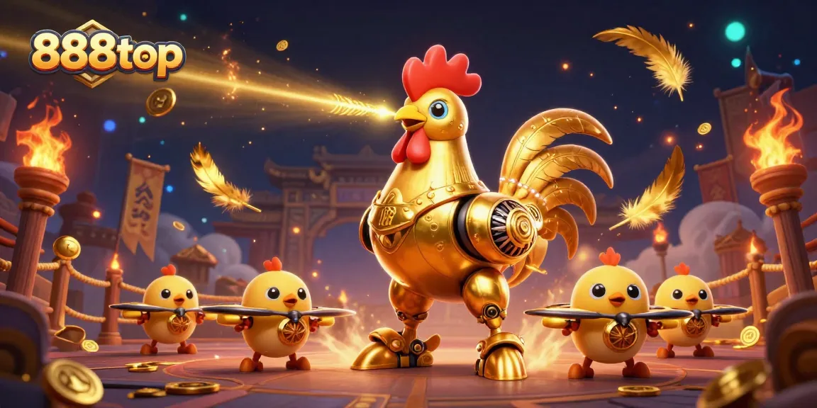 Play exciting games at 888top with a vibrant golden rooster robot and dazzling casino elements.