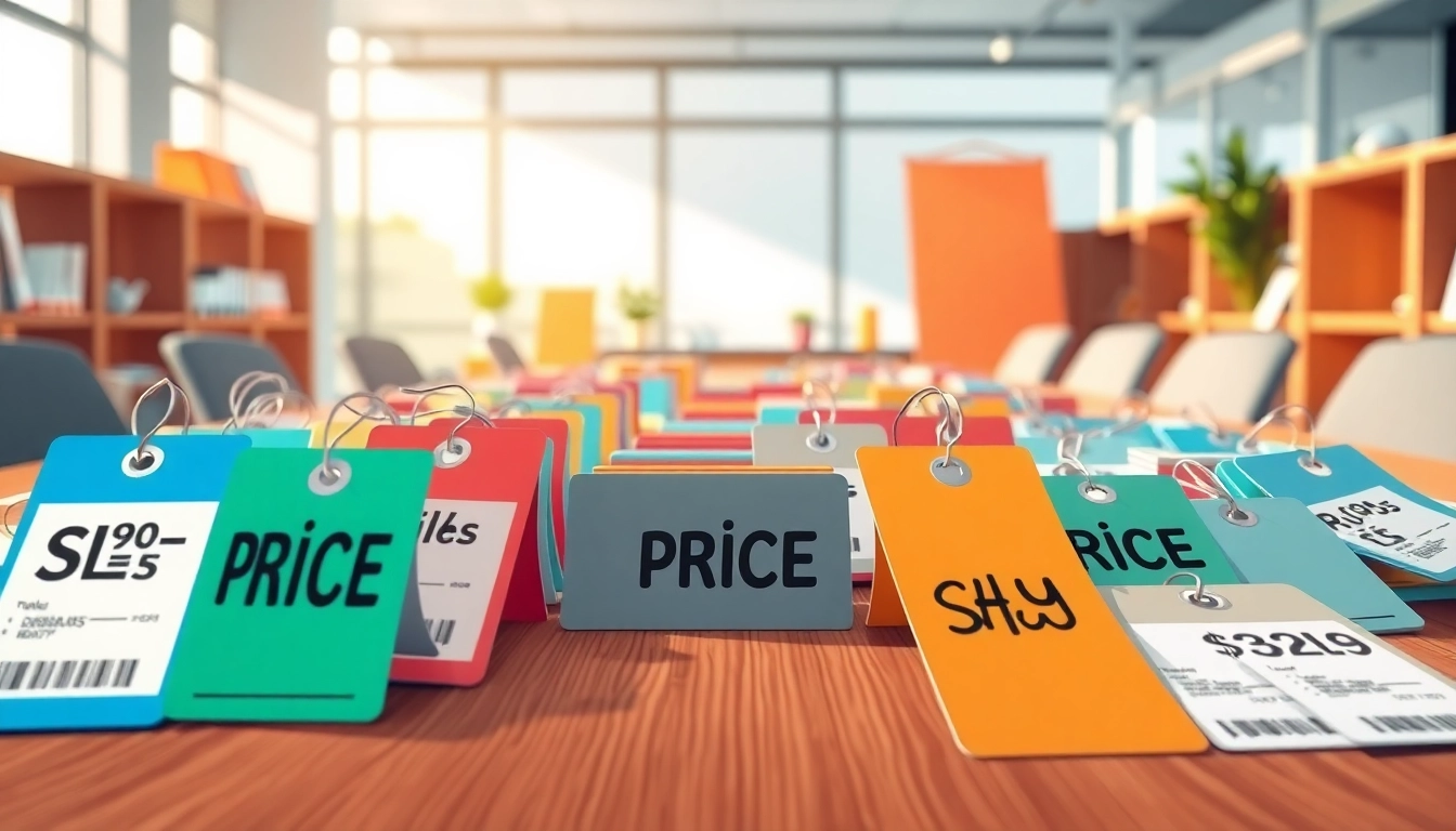 Visualize competitor pricing strategies through price tags on a table in a professional setting.