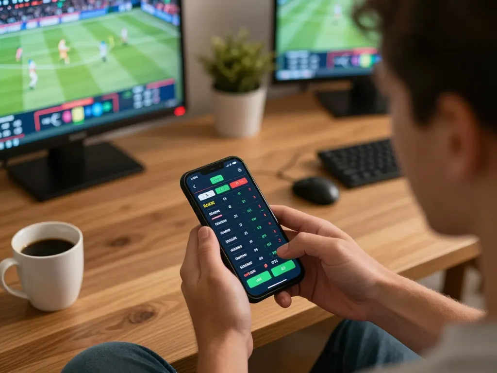 Person engaging in live sports betting on smartphone at home, showcasing 888top excitement and strategy.