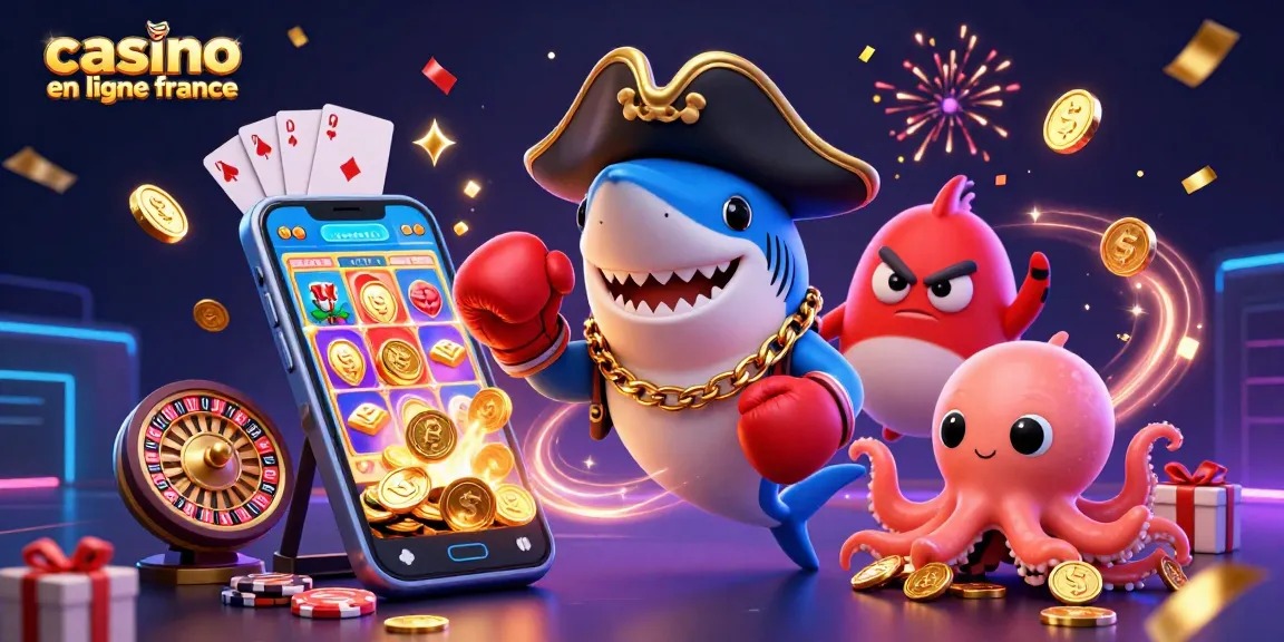 Casino en ligne France : animation ludique avec des personnages de casino et des éléments de jeu.