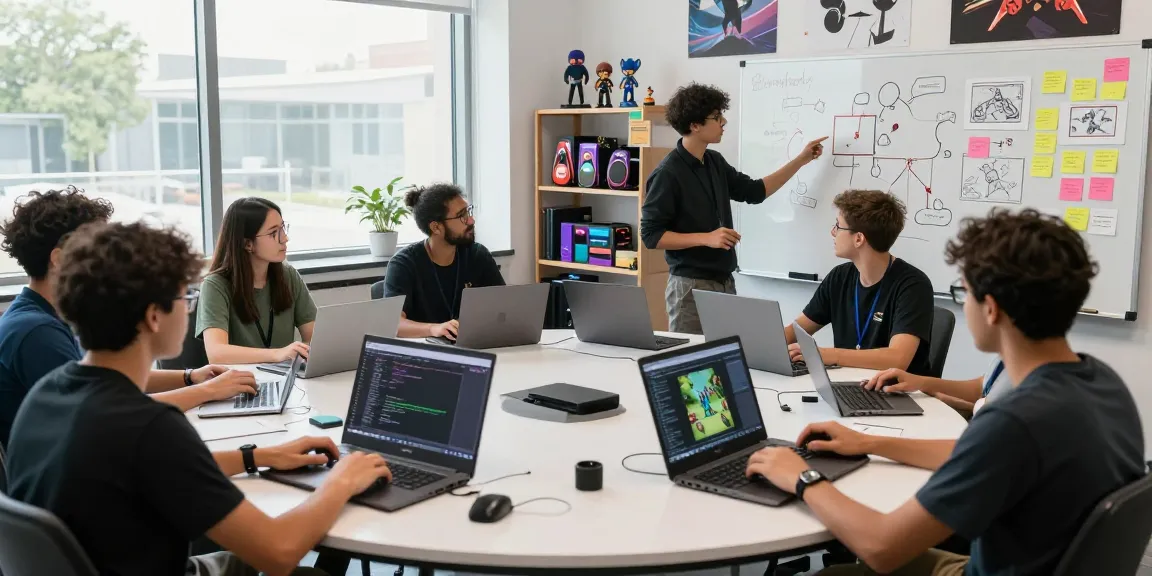 Team of diverse developers brainstorming ggsoft gaming ideas in a vibrant office.