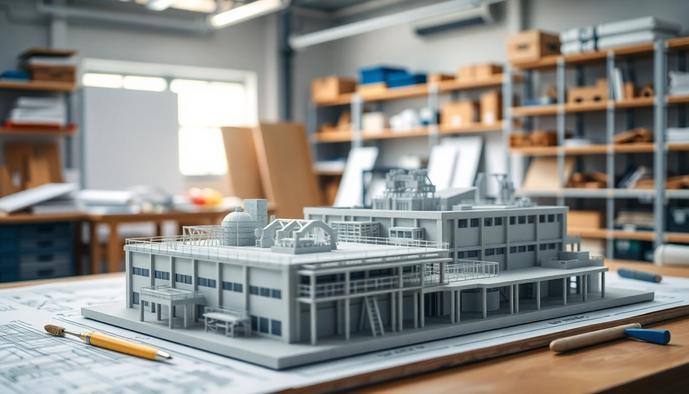 Industriemodellbau: Detaillierte Modelle auf einem Arbeitstisch in einem gut beleuchteten Workshop.