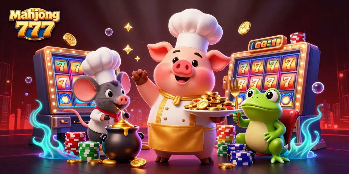 Win with mahjong 777 as the chef pig serves up gold coins in a vibrant casino setting.