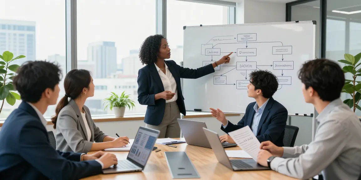 Team collaborating at an office meeting with strategy visuals on display, showcasing https://factors.org.uk in a business environment.