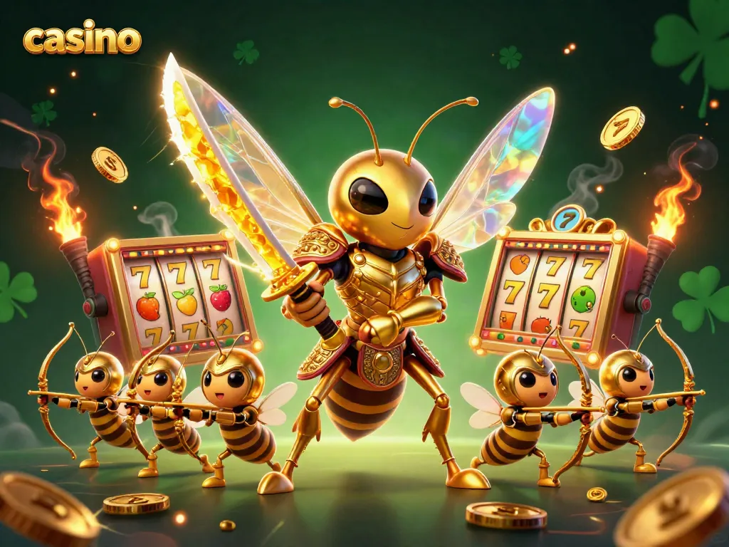 Engaging casino scene featuring a giant golden hornet samurai amidst slot reels and gold coins