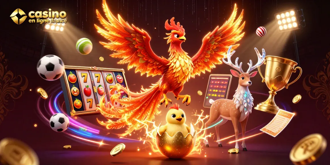 Visualisez le monde des jeux avec le casino en ligne France, illustrant une scène dynamique avec un phœnix flamboyant.