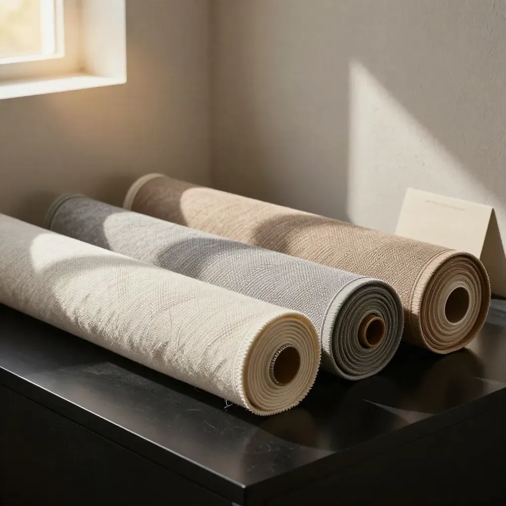 Rolled fabric bolts tipping in a dark studio corner with sage accents and soft haze.