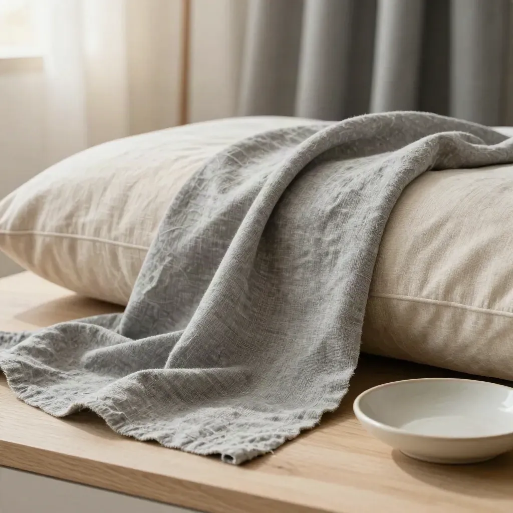 Washed linen blend bolt with offcut, cushion form, and ceramic dish in soft studio light