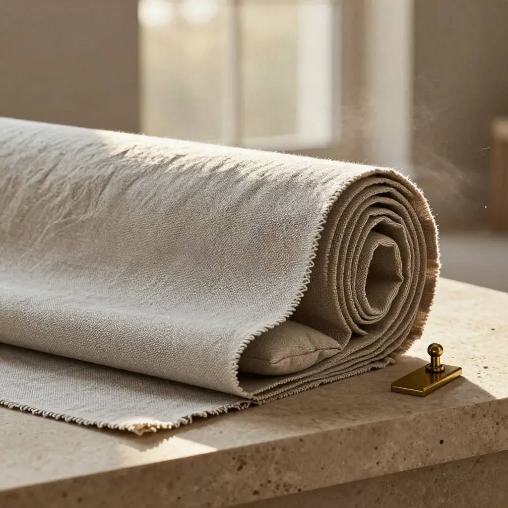 Oak linen upholstery bolt with swatches, cushion insert and brass sample on a limestone plinth.