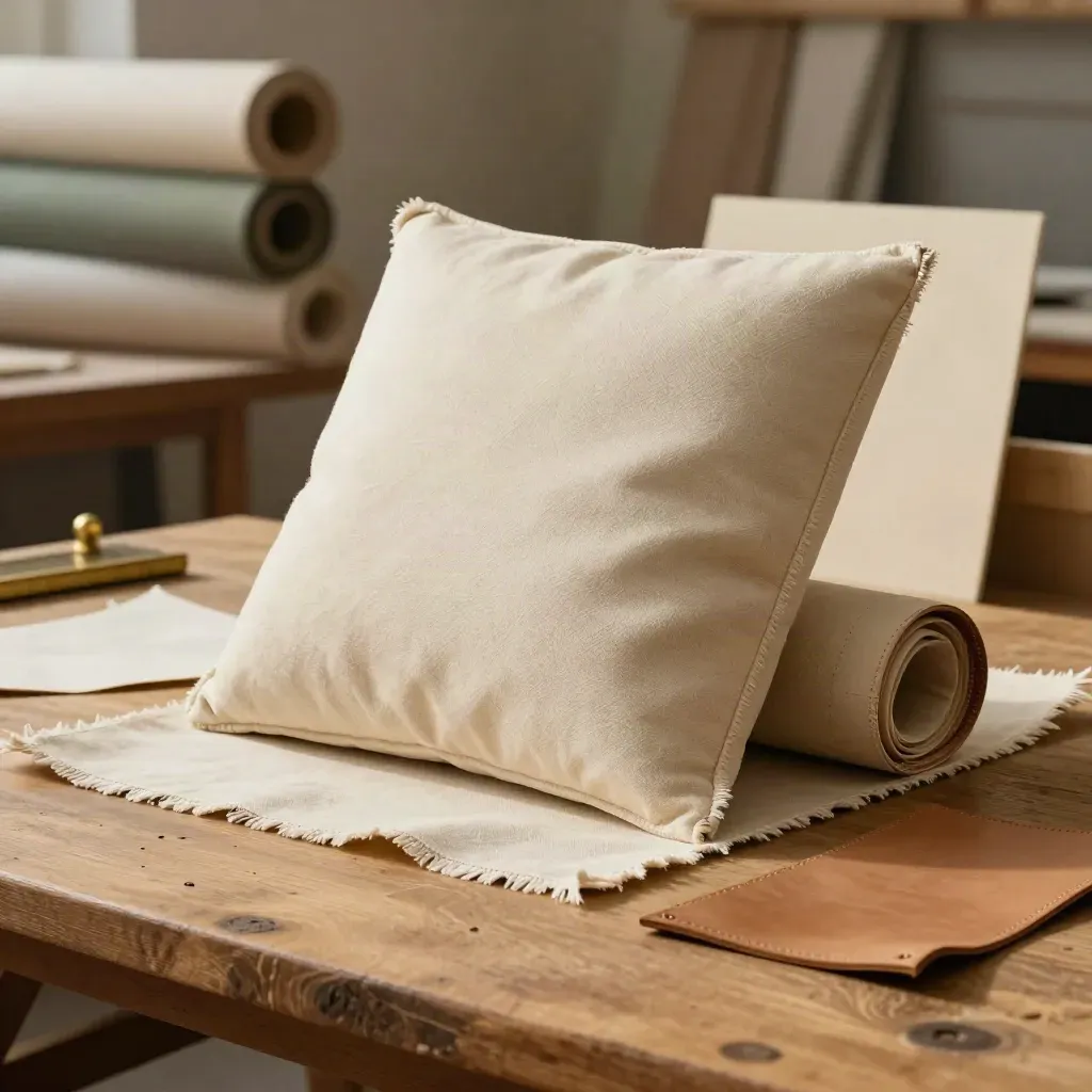 Upholstery canvas bolt with cushion blank, offcut, and leather corner sample on a hazy studio bench.