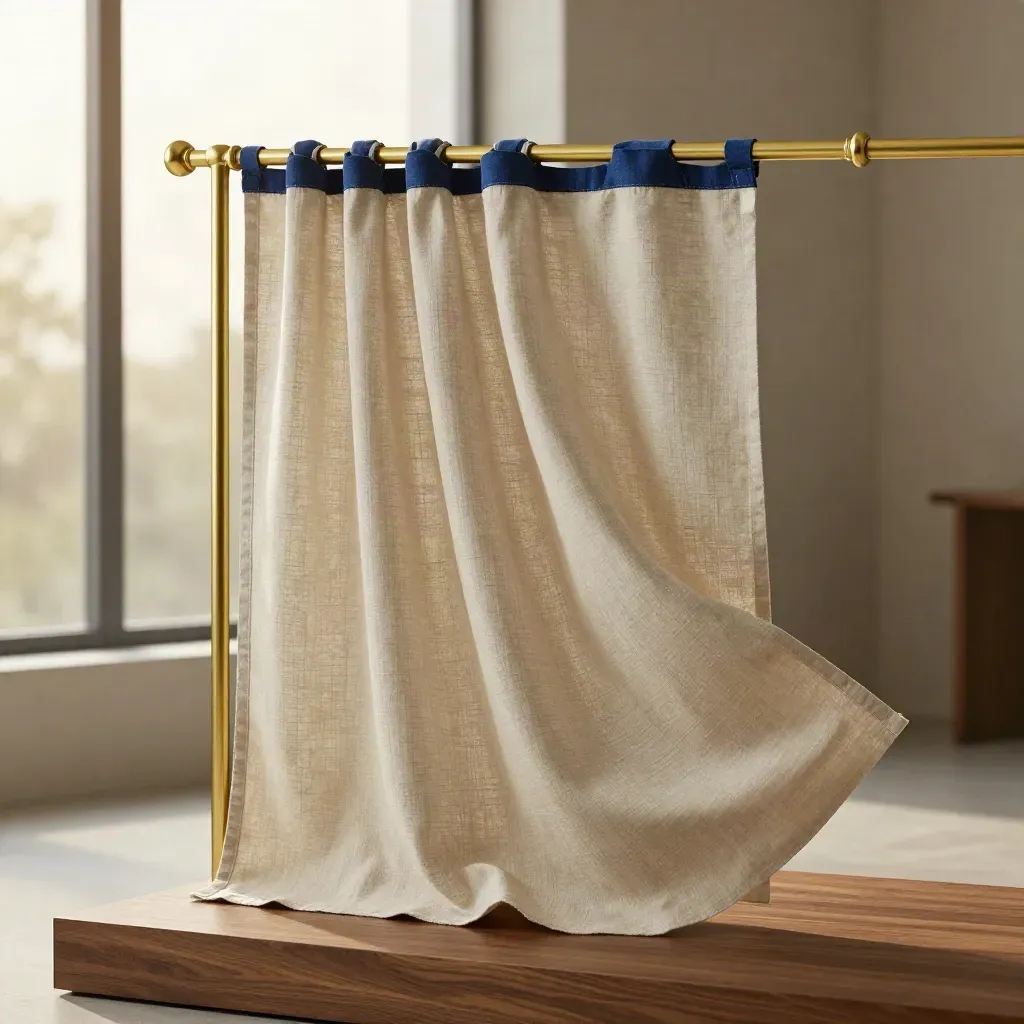 Linen curtain bolt with brass edge and flowing panels in a softly lit fabric atelier.