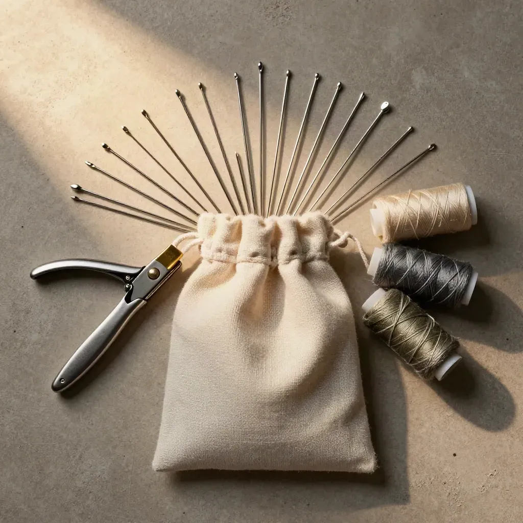 Needle set, seam ripper, brass thimble, thread spools and linen scrap in an overhead flatlay.