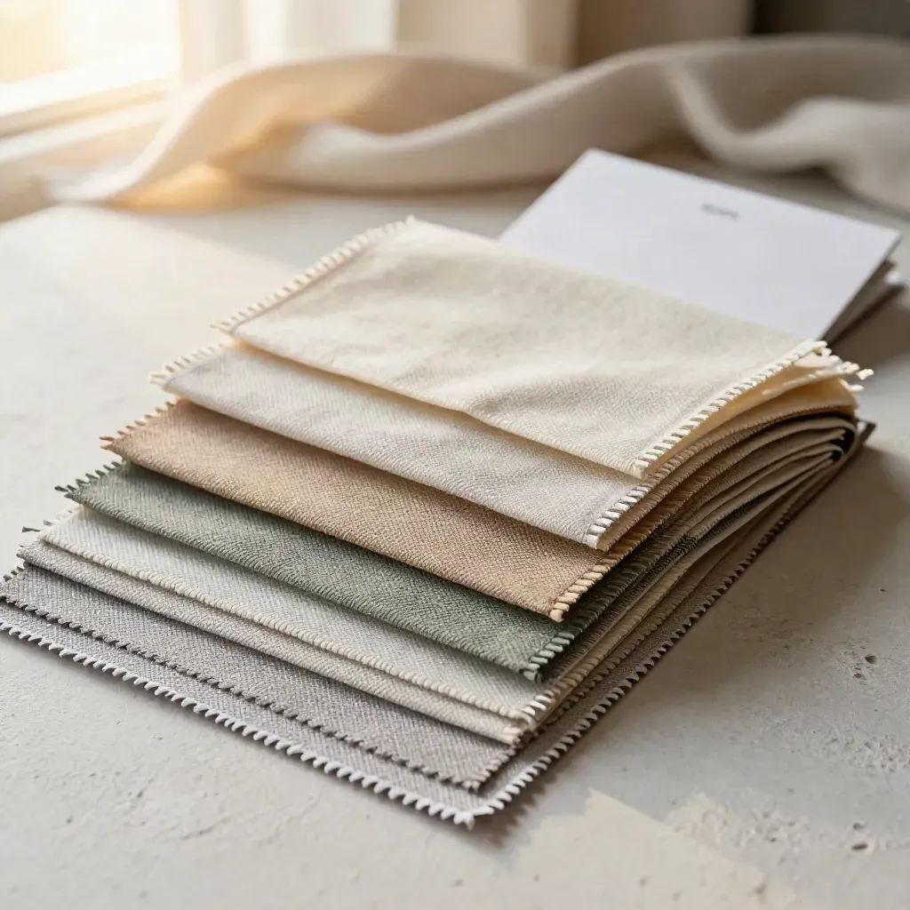 Macro swatch bundle fanned open with linen, cotton, and upholstery textures in sage and neutrals.
