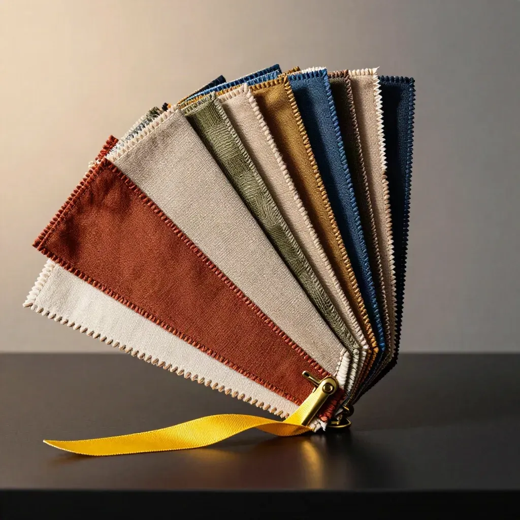 Fan of twelve fabric swatches with brass clip and ribbon on a dark plinth