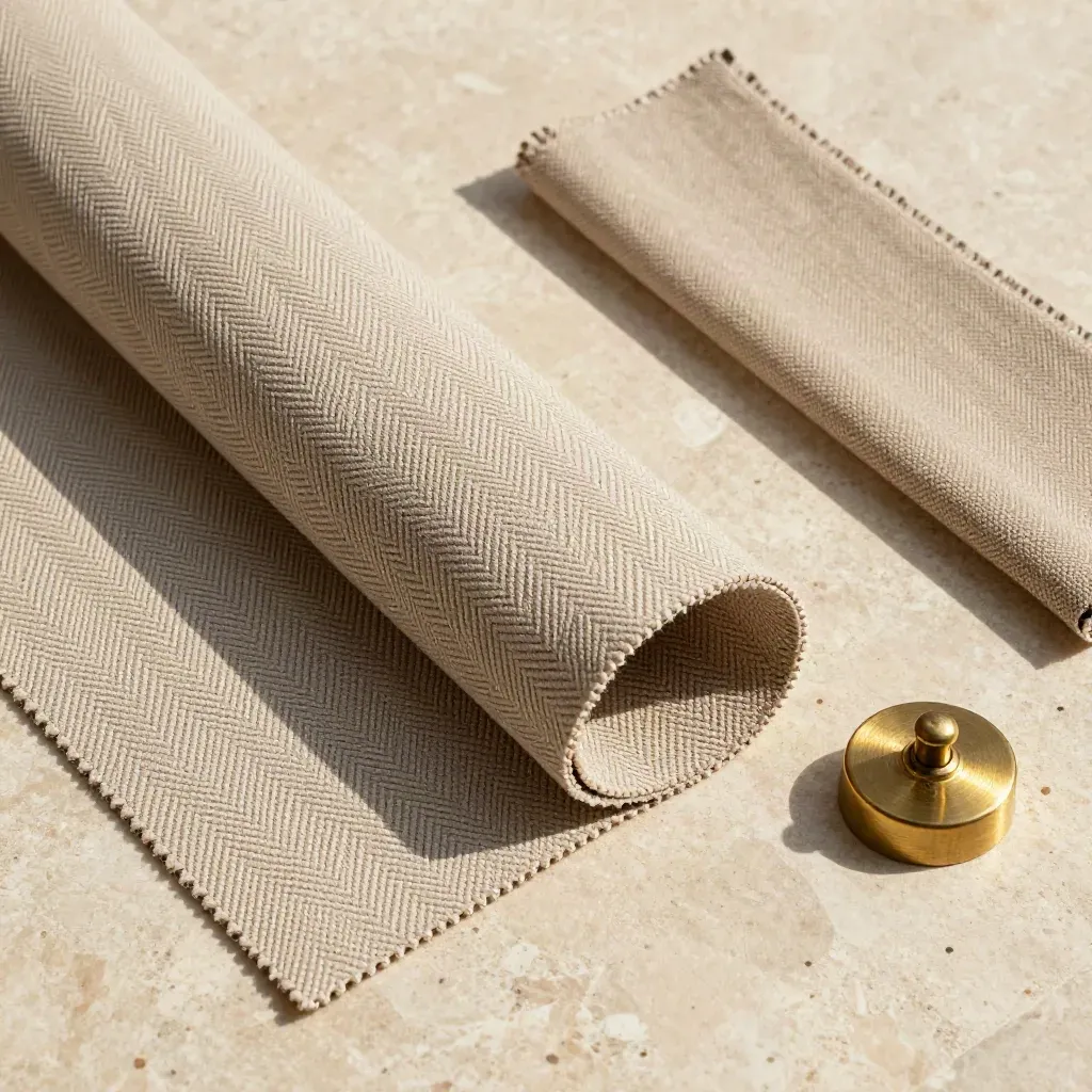 Overhead flatlay of a herringbone upholstery bolt, swatch, folded strip, and brass weight on travertine.