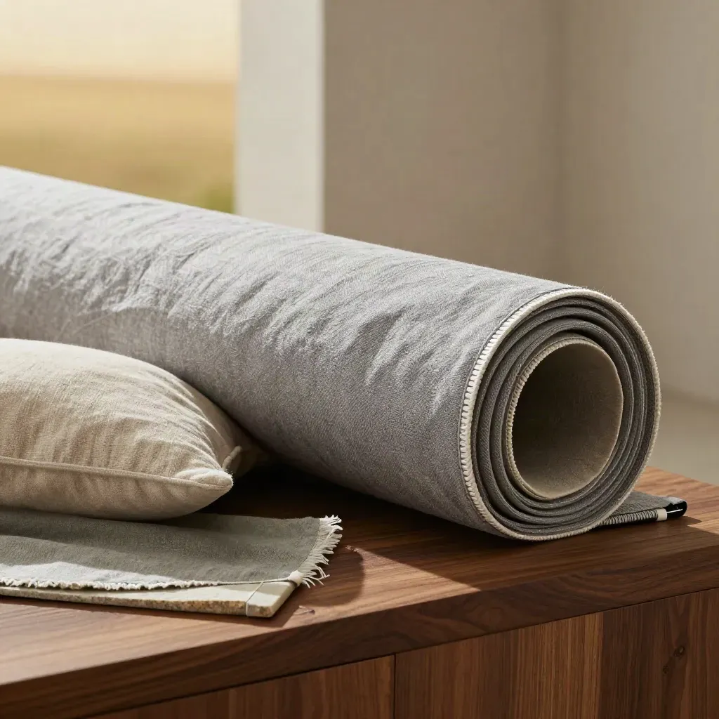 Dove gray linen blend bolt beside a cushion form and folded offcut on warm walnut.