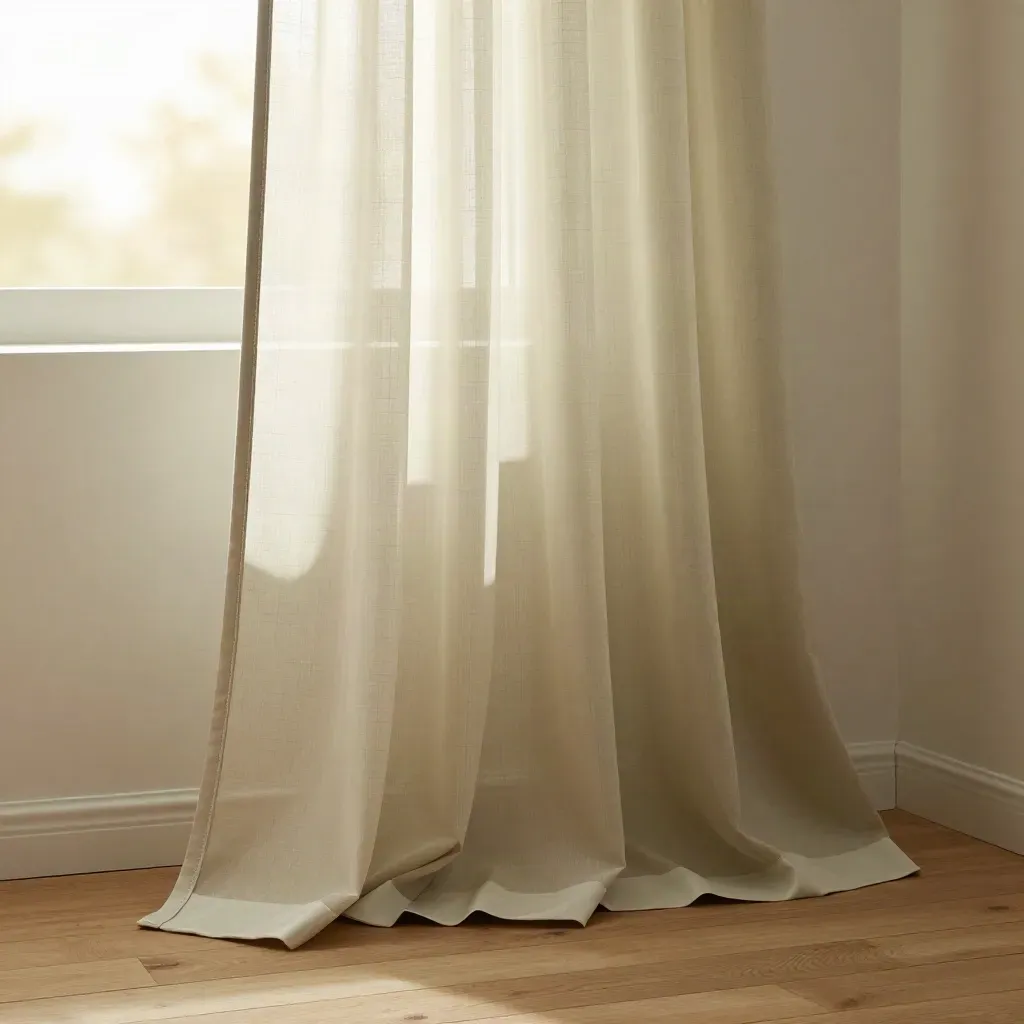 Sheer curtain cloth draped on a slim frame in a sunlit sunroom with a ceramic weight.
