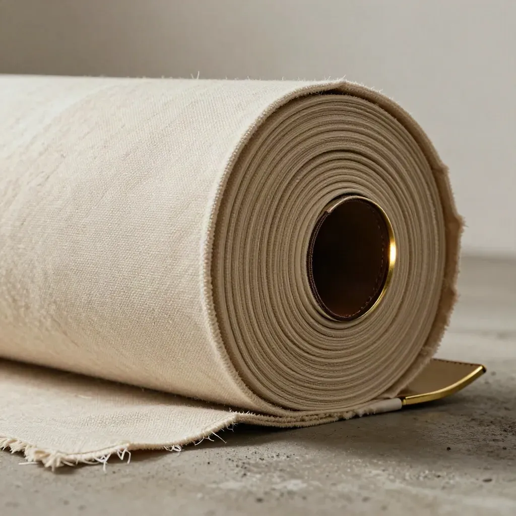 Duck canvas roll with cut edge, leather swatch, and brass accent on concrete.