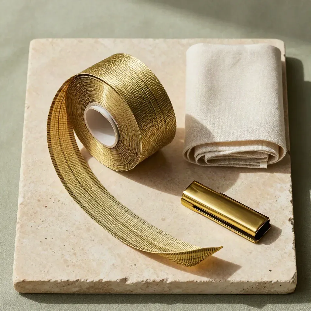 Overhead flatlay of brass curtain tape roll with linen strip and brass clip on pale stone.