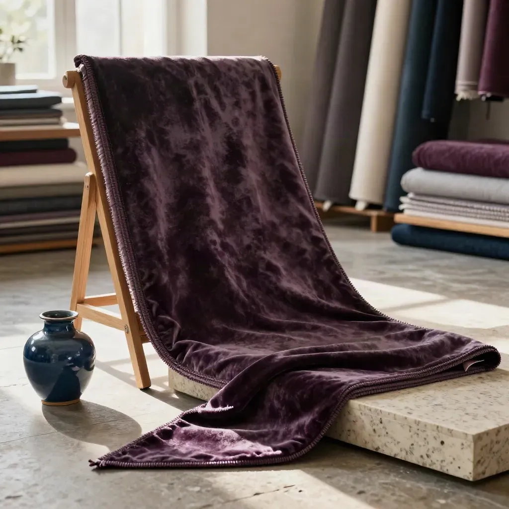 Velvet cushion fabric bolt with folded cover, offcut, and indigo ceramic piece in soft light.