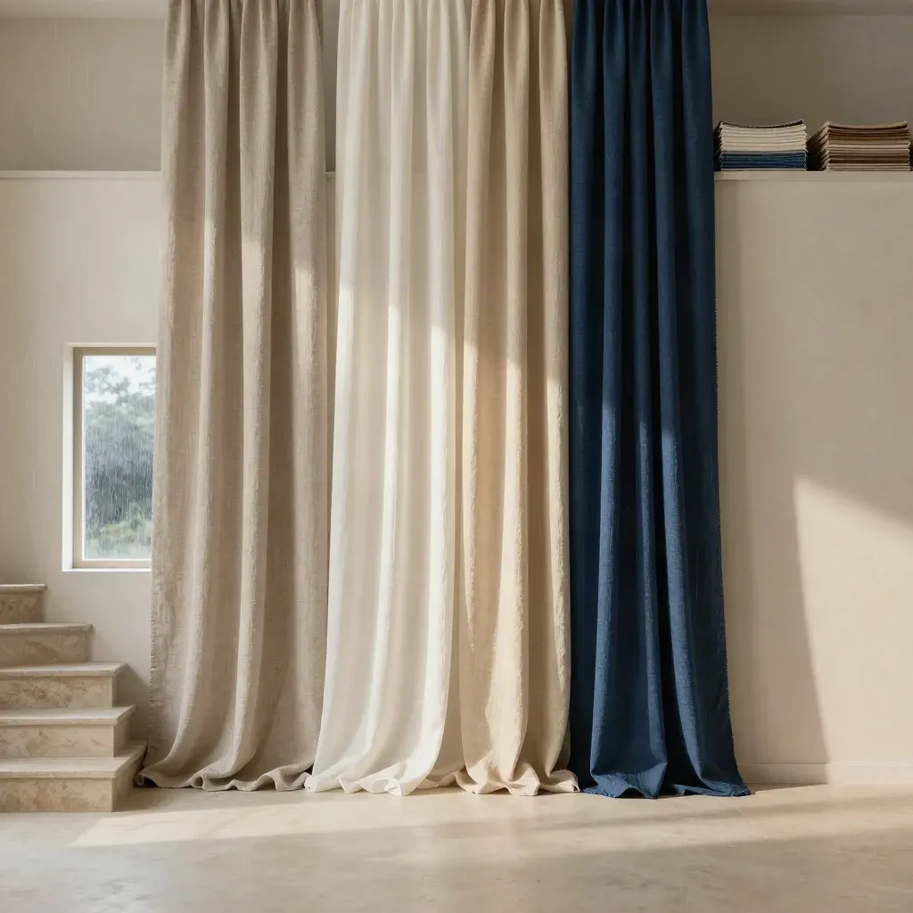Sunlit loft wall with hanging curtain lengths over a calm stair landing in a fabric boutique interior.