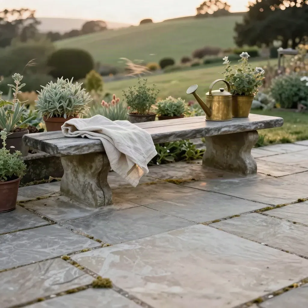 Stone terrace with folded linen, herb pots, brass accents, and calm copy space in evening light.