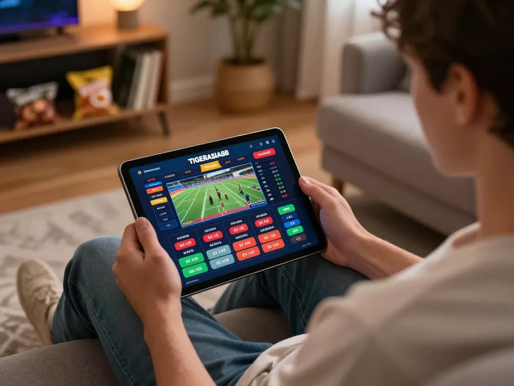 TIGERASIA88 user placing bets on a tablet in a cozy home setting, showcasing sports betting excitement.