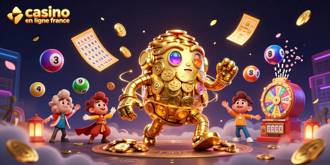 Jouer au casino en ligne France avec un golem étonnant en pièces d'or et des boules de loterie colorées.