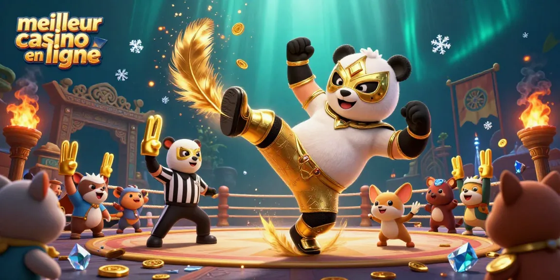 Le meilleur casino en ligne avec panda lutte en action et un arbitre Chihuahua, entouré de spectateurs animés.