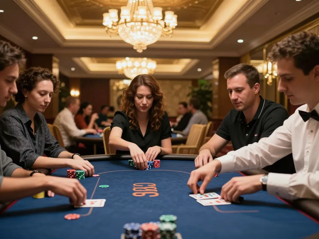 Engaged players at tg88 vip poker table reveal a winning hand in an upscale casino.