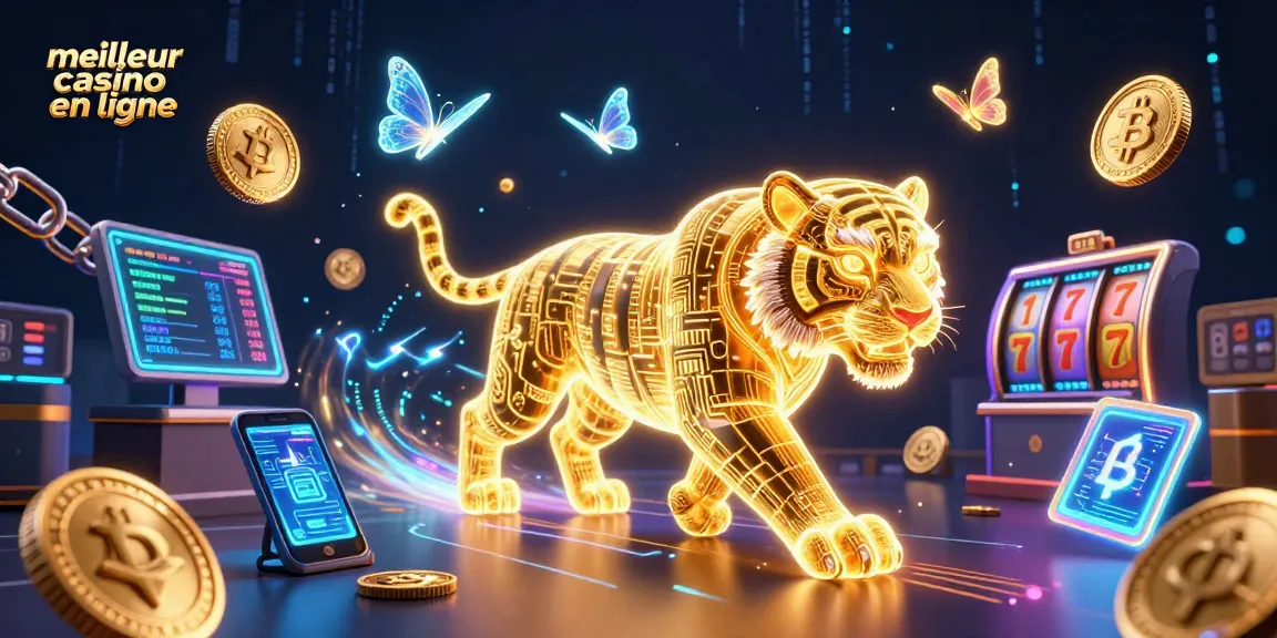 Jouez au meilleur casino en ligne avec une illustration animée montrant un tigre d'or numérique et des pièces de cryptomonnaie.