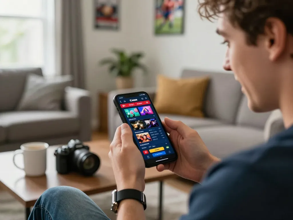 Engaged gambler using smartphone for online casinos in Canada reddit in a cozy home setting