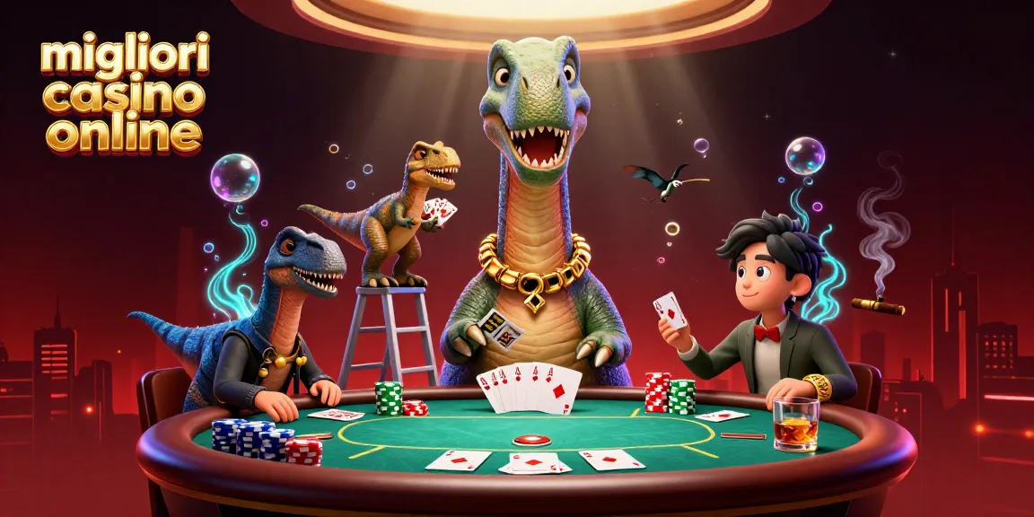 I migliori casino online presentano un tavolo da poker vivace con un brontosauro e un velociraptor.