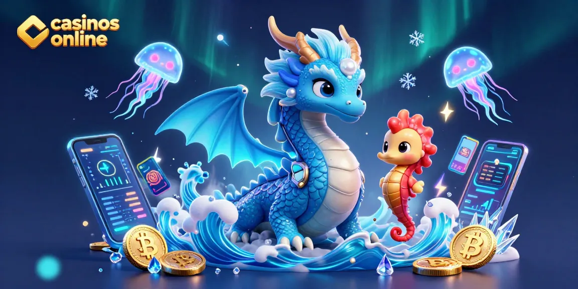 Crea experiencias emocionantes con casinos online y un dragón de agua 3D rodeado de monedas y cartas de juego.