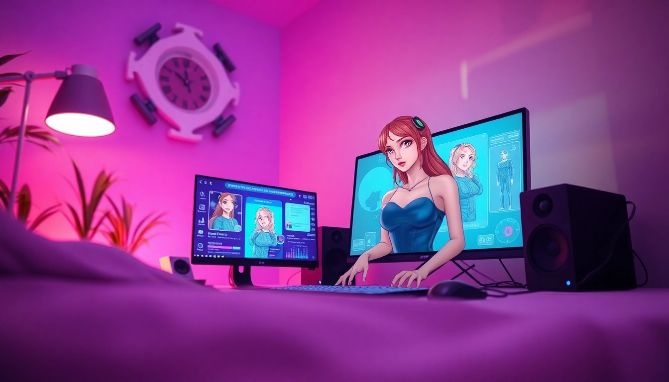 Engaging scene of users interacting with nsfw character ai in a cozy, high-tech digital space.