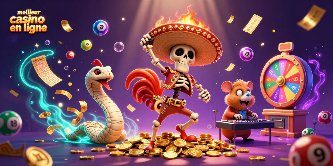 Le meilleur casino en ligne met en scène un rooster de mariachi et une ambiance festive avec jeux et couleurs vives.