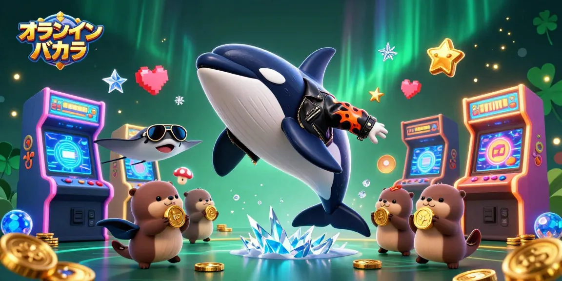 オンラインバカラで勝利したオカ、飛び跳ねるクジラと一緒にコインを持つ家族のラッコ。