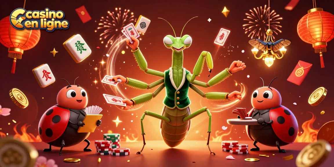 Casino en ligne avec un caméléon géant gérant le jeu et une coccinelle ainsi que des éléments festifs.