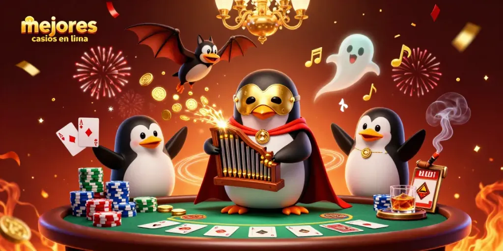 Ilustración de un pingüino en un casino, jugando en los mejores casinos en línea y lanzando monedas de oro.