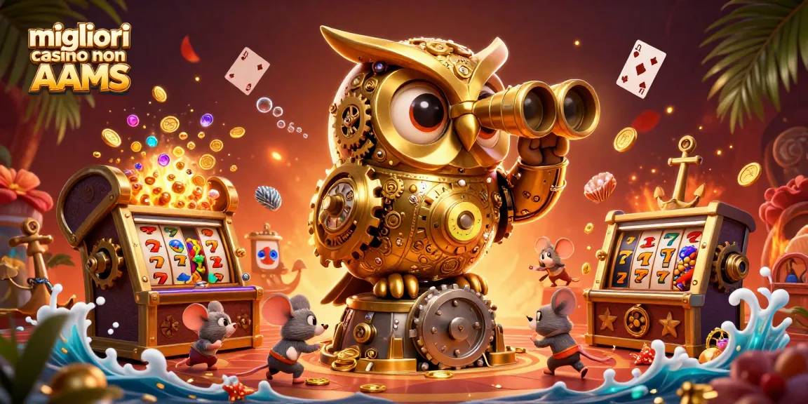 I migliori casino non AAMS offrono una scena di gioco vivace con simboli di slot e un gufo dorato meccanico.