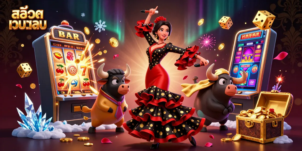 Play สล็อตเว็บตรง with a vibrant 3D illustration of jackpot excitement and energetic casino elements.
