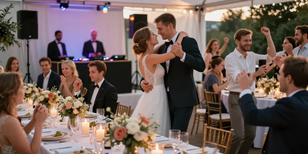 hochzeit DJ berlin brandenburg wedding reception with lively dancing and elegant decor