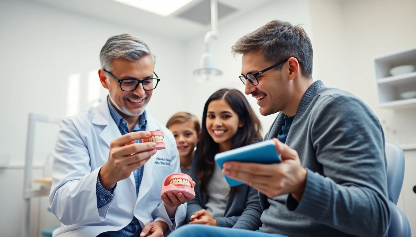 Orthodontics consultation with a professional examining models in a modern dental office.