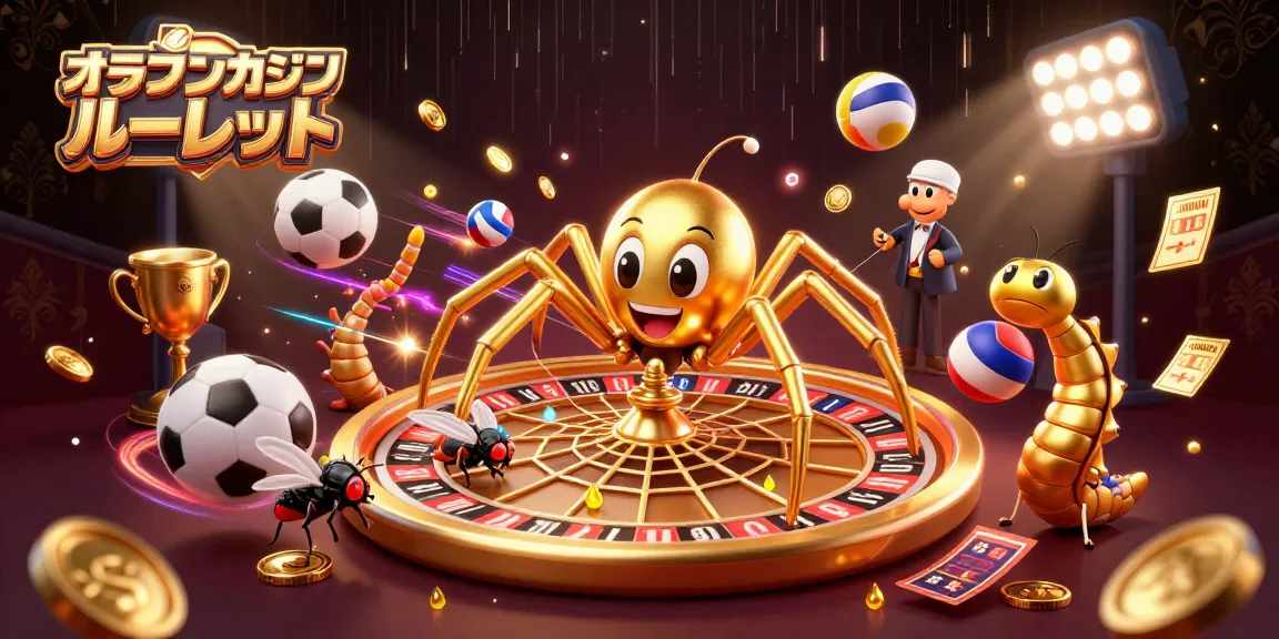 オンラインカジノ ルーレットのルーレットホイールを背景にし、スパイダーが築く金色のウェブと緊張したハエが描かれています。
