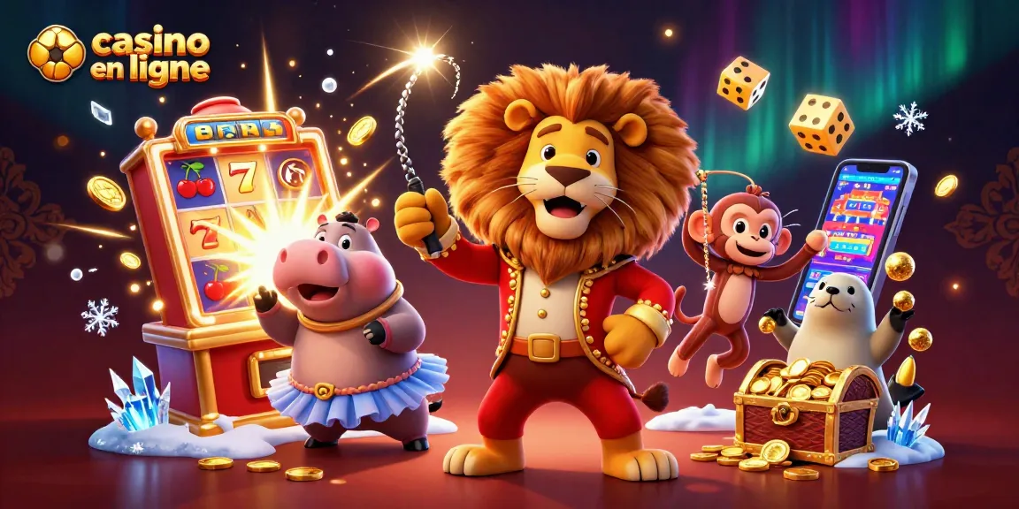 Jouez au casino en ligne avec des personnages animés entourés de jets de pièces et de symboles colorés.