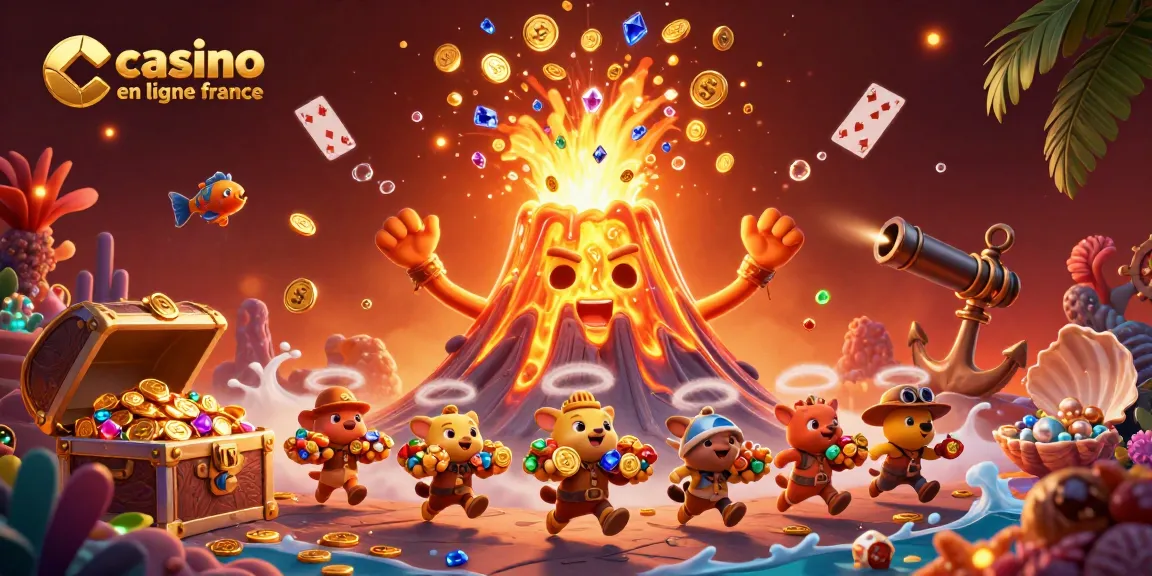 Illustration colorée représentant le volcan doré dans le casino en ligne France, explosant de trésors.