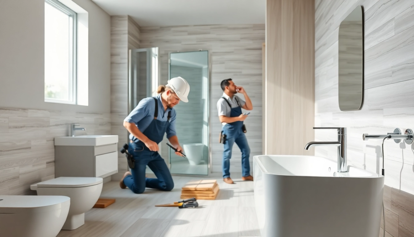 Skilled bathroom builders installing elegant fixtures in a modern bathroom.